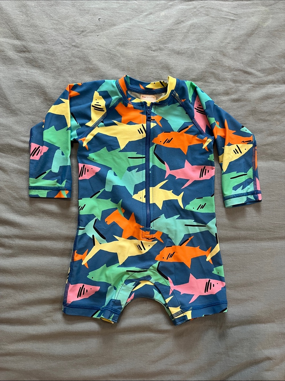 Hanna Andersson Navy Shark One-Piece Swimsuit with Multicolor Sharks
